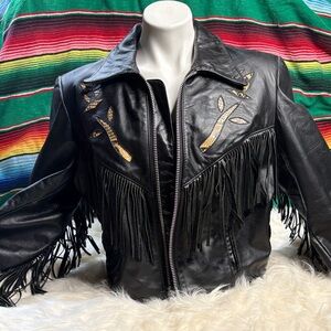 Vintage Fringed Black Leather Jacket with Inlayed Snakeskin Rose Design